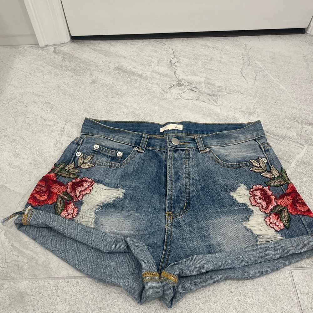 Floral Embroidered Denim Shorts